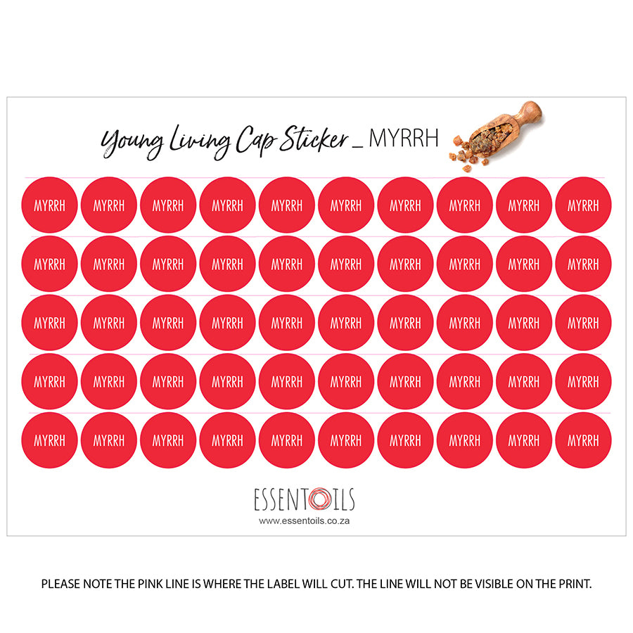 Young Living Cap Stickers - Single Oils - Sheets of 50 - Myrrh - essentoils.co.za