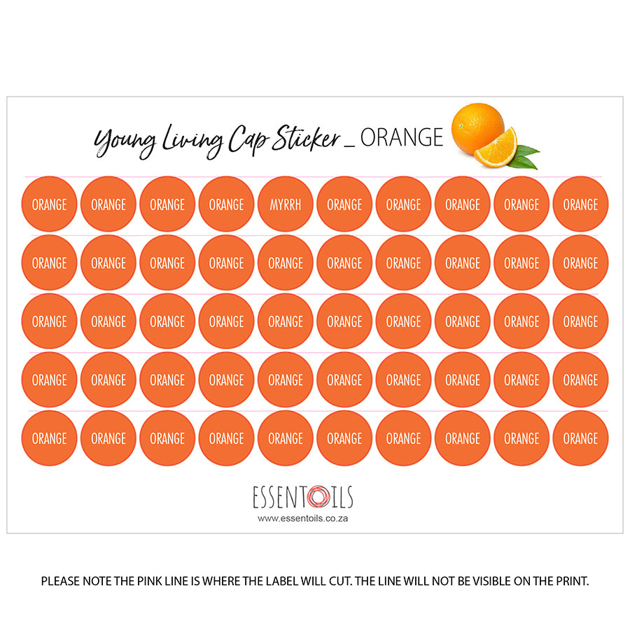 Young Living Cap Stickers - Single Oils - Sheets of 50 - Orange - essentoils.co.za