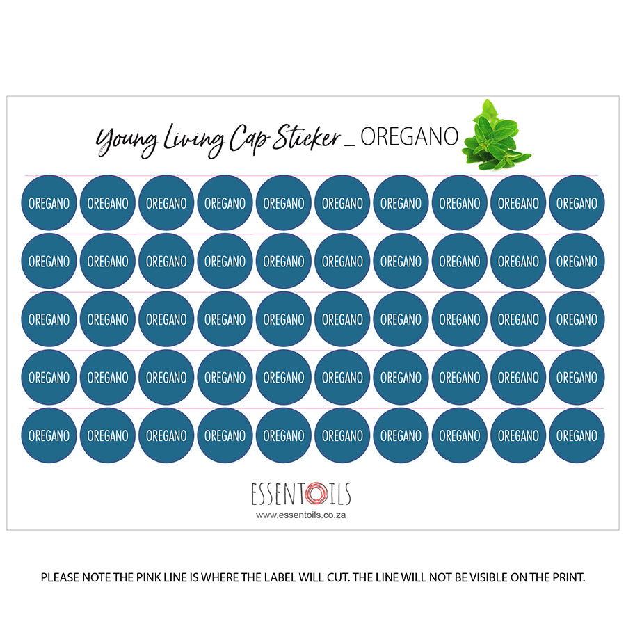 Young Living Cap Stickers - Single Oils - Sheets of 50 - Oregano - essentoils.co.za