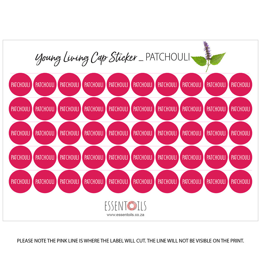 Young Living Cap Stickers - Single Oils - Sheets of 50 - Patchouli - essentoils.co.za