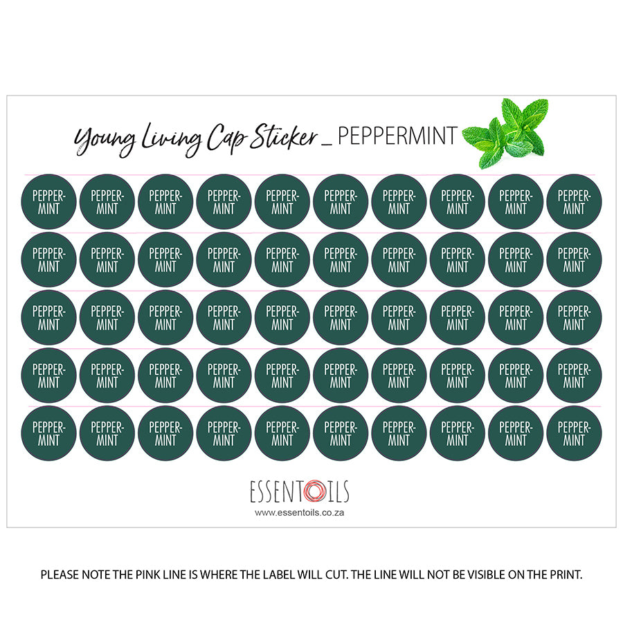 Young Living Cap Stickers - Single Oils - Sheets of 50 - Peppermint - essentoils.co.za