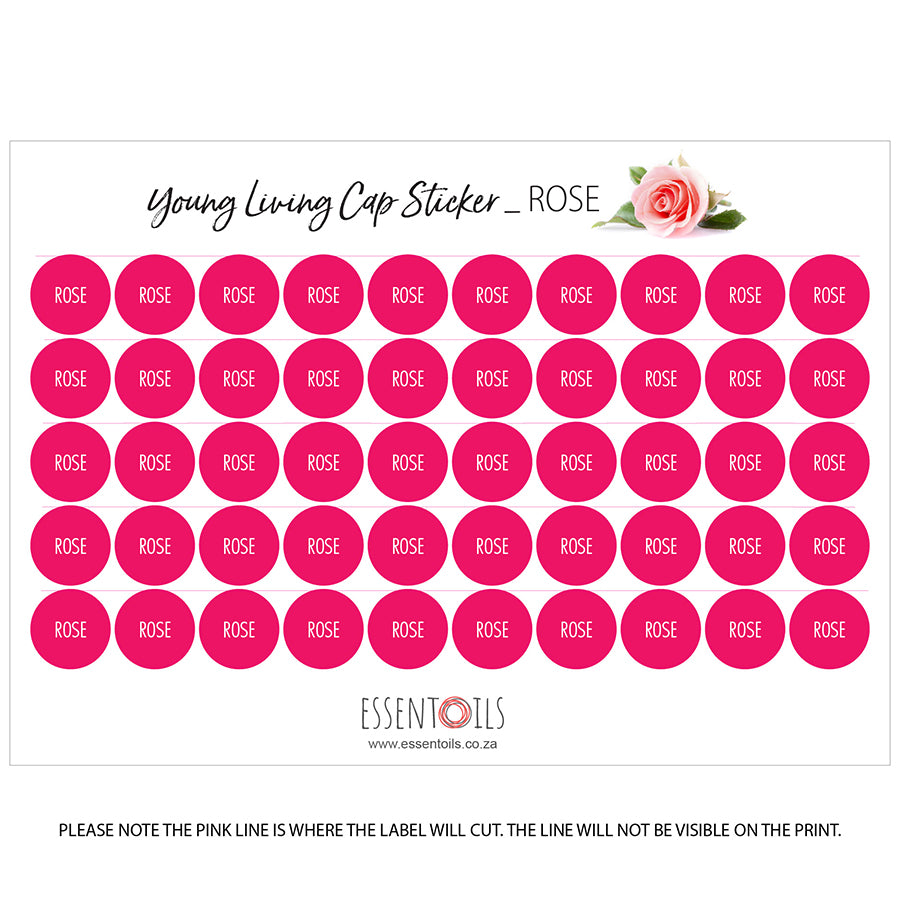 Young Living Cap Stickers - Single Oils - Sheets of 50 - Rose - essentoils.co.za