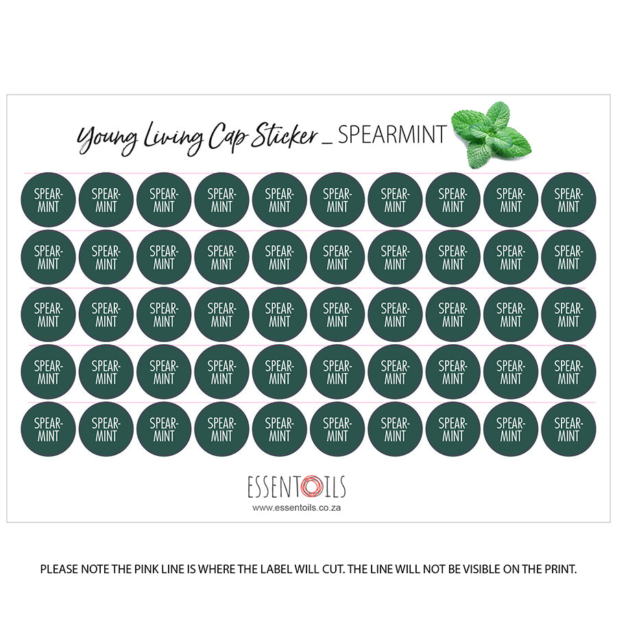Young Living Cap Stickers - Single Oils - Sheets of 50 - Spearmint - essentoils.co.za