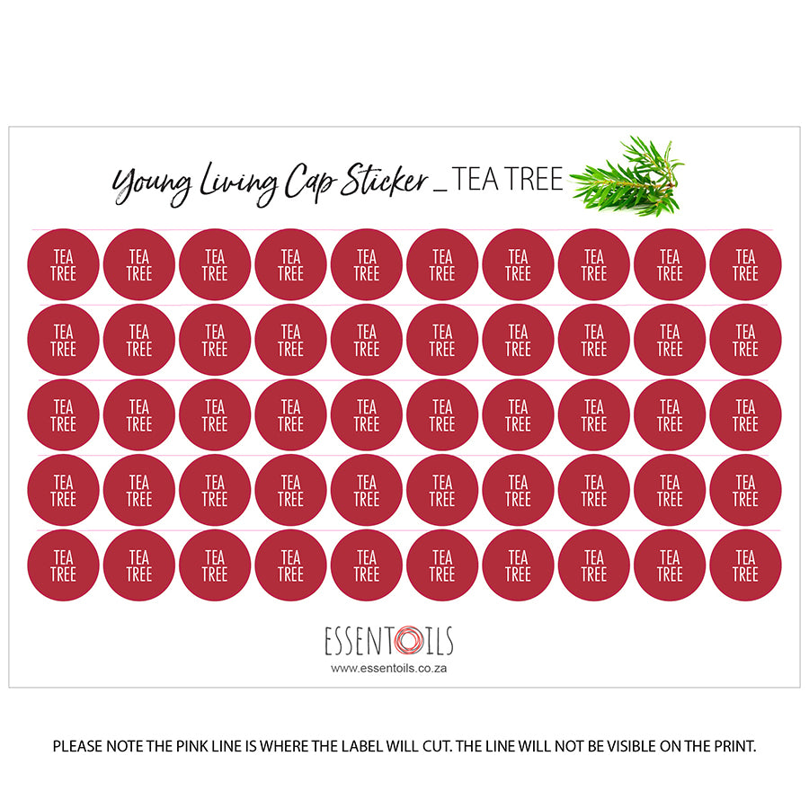 Young Living Cap Stickers - Single Oils - Sheets of 50 - Tea Tree - essentoils.co.za