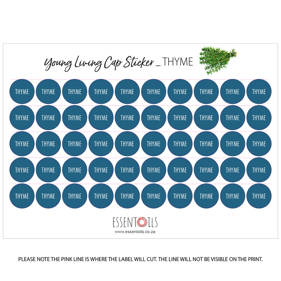 Young Living Cap Stickers - Single Oils - Sheets of 50 - Thyme - essentoils.co.za