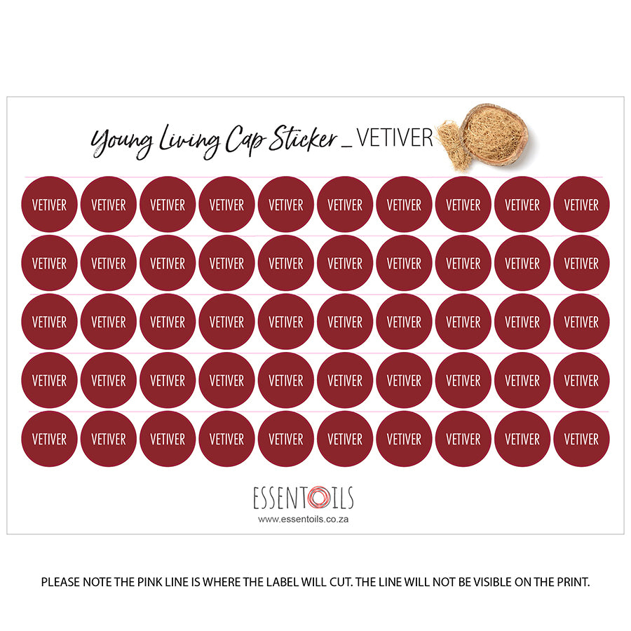 Young Living Cap Stickers - Single Oils - Sheets of 50 - Vetiver - essentoils.co.za