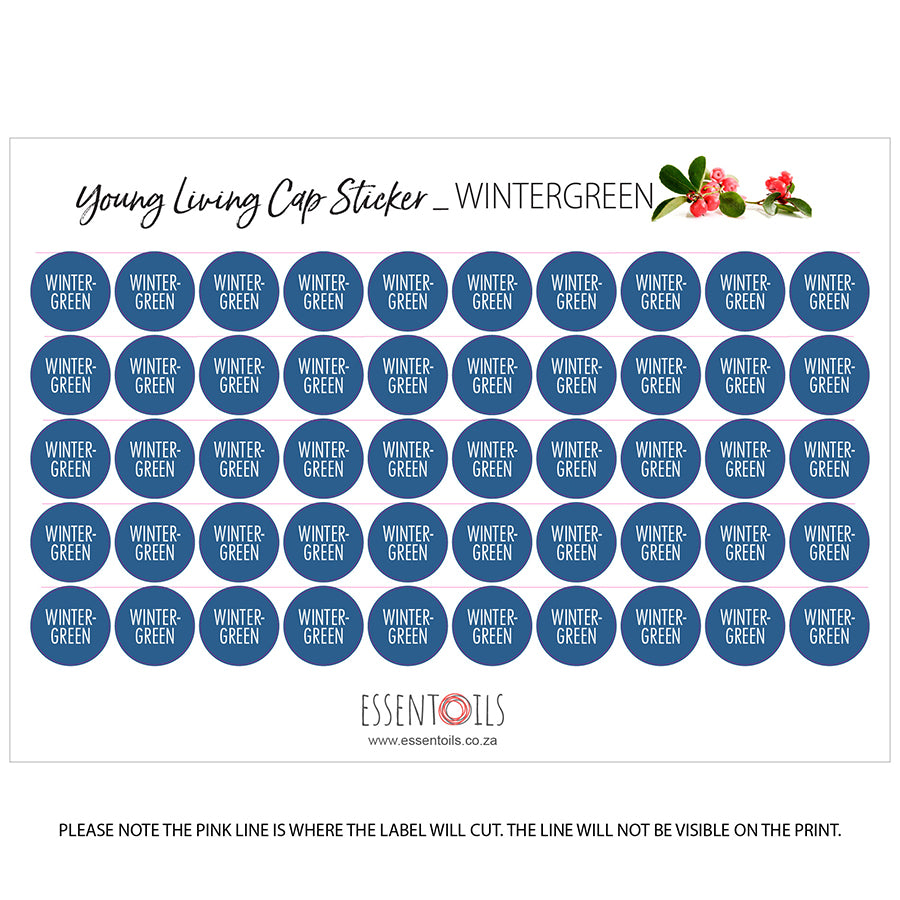 Young Living Cap Stickers - Single Oils - Sheets of 50 - Wintergreen - essentoils.co.za