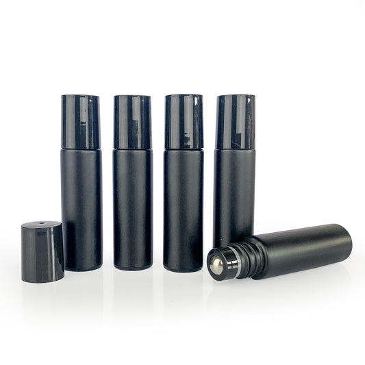 Frosted Black Glass Roller Bottles with Roller and Black Cap - Pack of 5 - essentoils.co.za